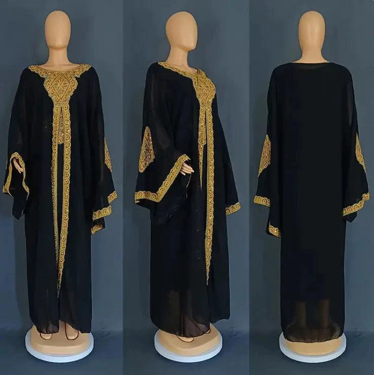 Mandotos two-piece gold kaftan abaya dress with flowing fabric and elegant design, perfect for stylish modest wear.