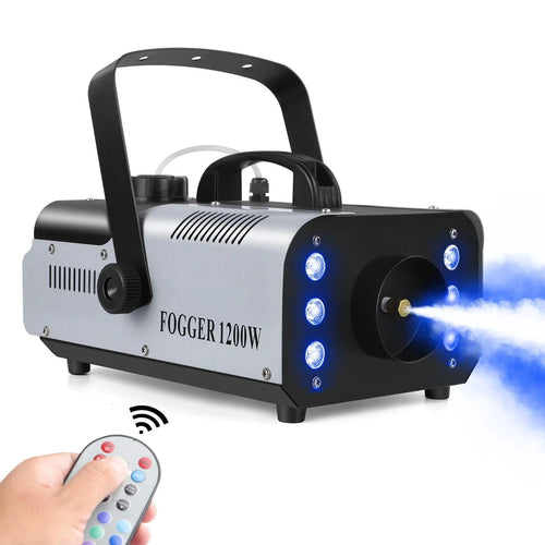 Mandotos U'King 1200W fog machine with 6 LEDs, remote control, colorful smoke effects, ideal for parties and stage lighting.