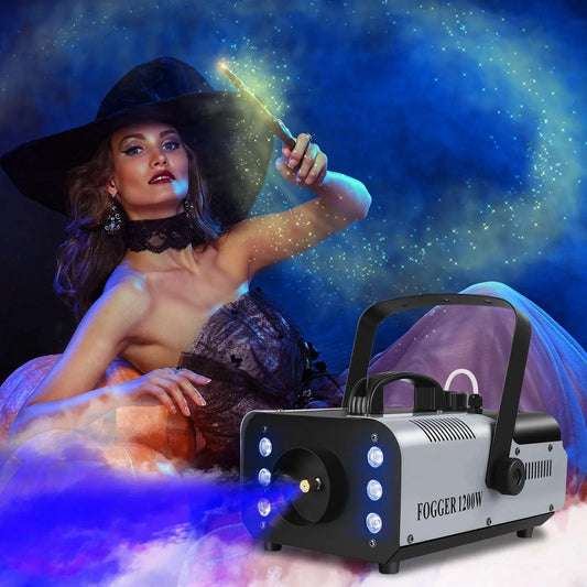MANDOTOS U'King 1200W fog machine with 6 LEDs, remote control, colorful smoke effects, ideal for DJ parties and stage performances.