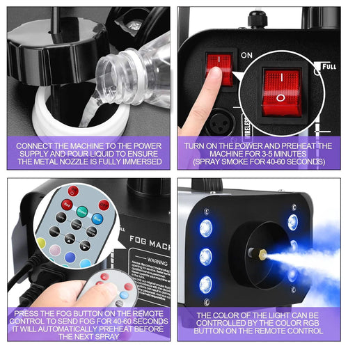 Mandotos U'King 1200W fog machine with 6 LEDs, remote control, colorful smoke effects for DJ, party, and stage lighting.