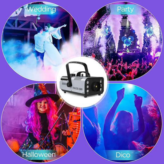 Mandotos U'King 1200W fog machine with 6 LEDs, remote control, colorful smoke effects, ideal for DJ, Christmas, and stage parties.