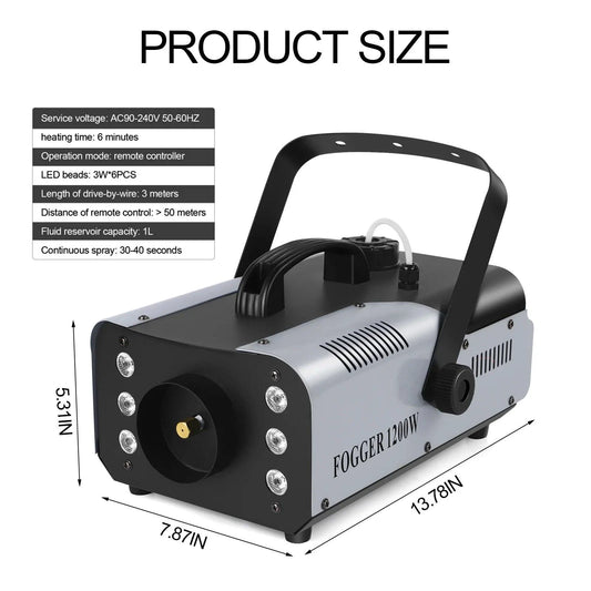 Mandotos U'King 1200W fog machine with 6 LEDs, remote control, colorful smoke effects for DJ parties and Christmas celebrations.
