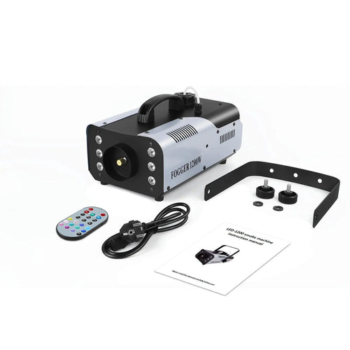 Mandotos U'King 1200W fog machine with 6 LEDs, remote control, colorful smoke effects, ideal for DJ parties and stage performances.