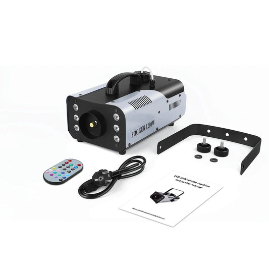 Mandotos U'King 1200W fog machine with 6 LEDs, remote control, colorful smoke effects, ideal for DJ parties and stage performances.