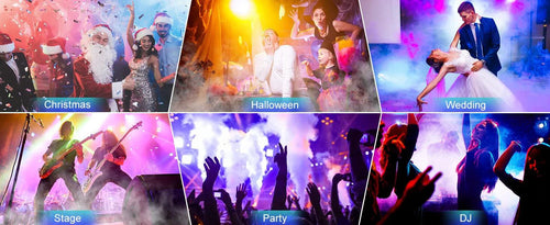 Mandotos U'King 1200W fog machine with 6 LEDs, remote control, colorful smoke effects, perfect for DJ parties and stage lighting