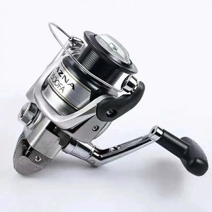 MANDOTOS UltraSmooth Spinning Reel showing a sleek black design with spinning handle and line spool for freshwater fishing.