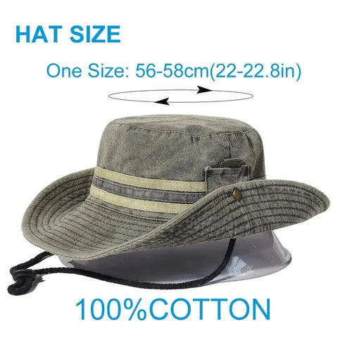 Mandotos unisex summer outdoor hat with wide brim, breathable fabric, and adjustable strap for sun protection.
