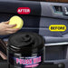 Mandotos Universal Leather and Plastic Repair Polishing Wax for automotive interior care, showing the cream applied on leather and plastic surfaces.