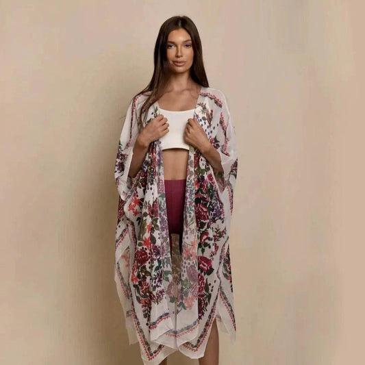 Mandotos Urban Blossom Kimono with floral pattern, lightweight fabric, and open-front design, perfect for casual or layered styling.