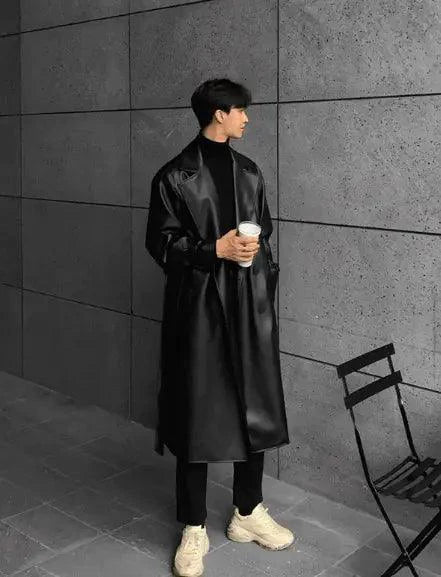 Urban Edge men's faux leather jacket by MANDOTOS, featuring a stylish black jacket with a classic collar and zip closure.