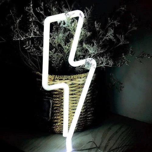 Mandotos USB and battery-powered LED neon lightning sign with bright, colorful lightning bolt design for decor or events.