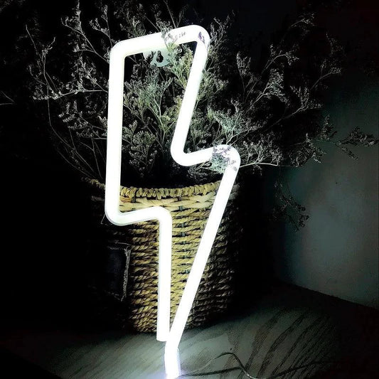 Mandotos USB and battery-powered LED neon lightning sign with bright, colorful lightning bolt design for decor or events.
