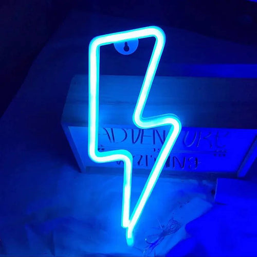 Mandotos USB and battery-powered LED neon lightning sign with vibrant glowing light for decorative use.