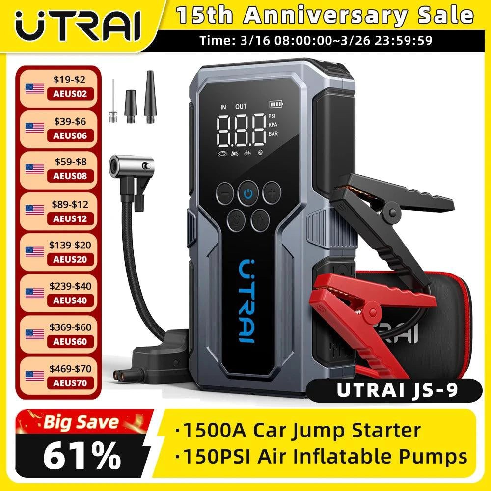 Mandotos UTRAI 1500A portable car jump starter with 150 PSI air pump for emergency power and vehicle maintenance.
