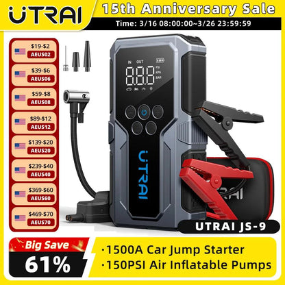 Mandotos UTRAI 1500A portable car jump starter with 150 PSI air pump for emergency power and vehicle maintenance.