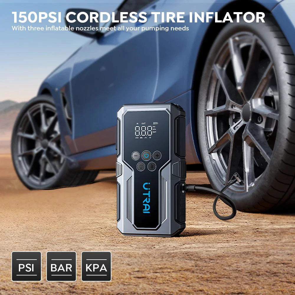 MANDOTOS UTRAI 1500A portable car jump starter with 150 PSI air pump, emergency power boost for vehicles and outdoor use.