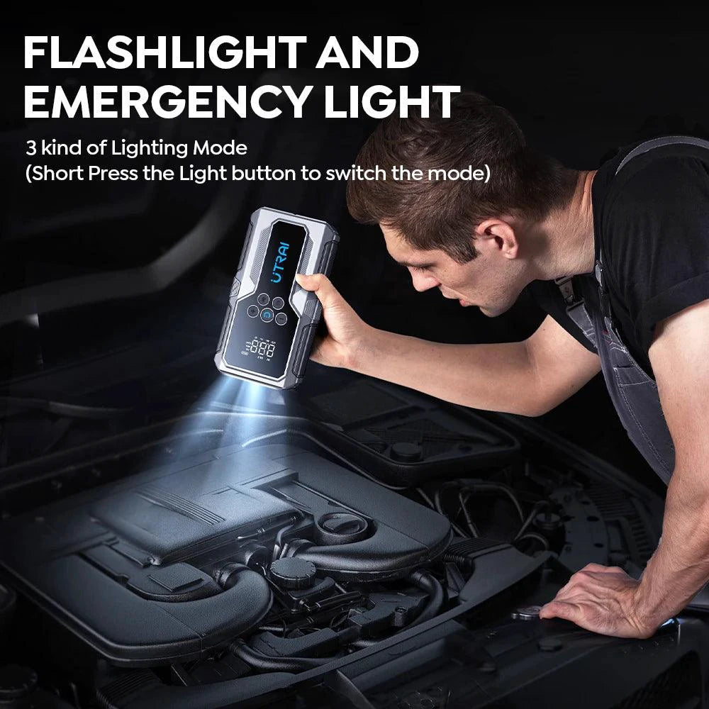 Mandotos UTRAI 1500A portable car jump starter with 150 PSI air pump for emergency power boost and vehicle assistance.