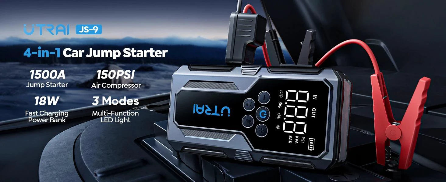 Mandotos UTRAI 1500A portable car jump starter with 150 PSI air pump for emergency power and vehicle assistance.