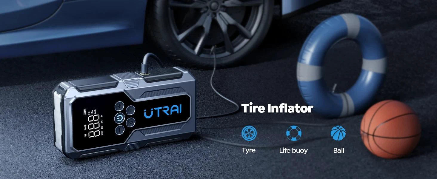 Mandotos UTRAI 1500A portable car jump starter with 150 PSI air pump for emergency power boost during journeys.