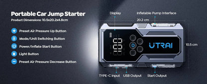 Mandotos UTRAI 1500A portable car jump starter with 150 PSI air pump, emergency power boost for vehicles during journeys