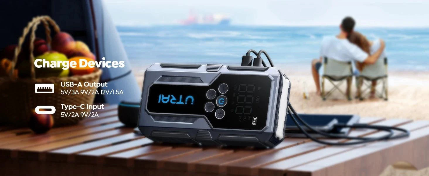 Mandotos UTRAI 1500A portable car jump starter with 150 PSI air pump, emergency power boost for vehicles.