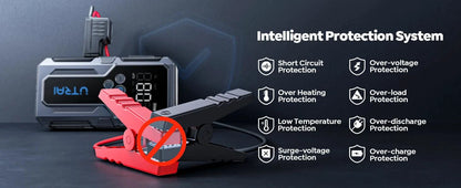 Mandotos UTRAI 1500A portable car jump starter with 150 PSI air pump for emergency power boost and vehicle maintenance.