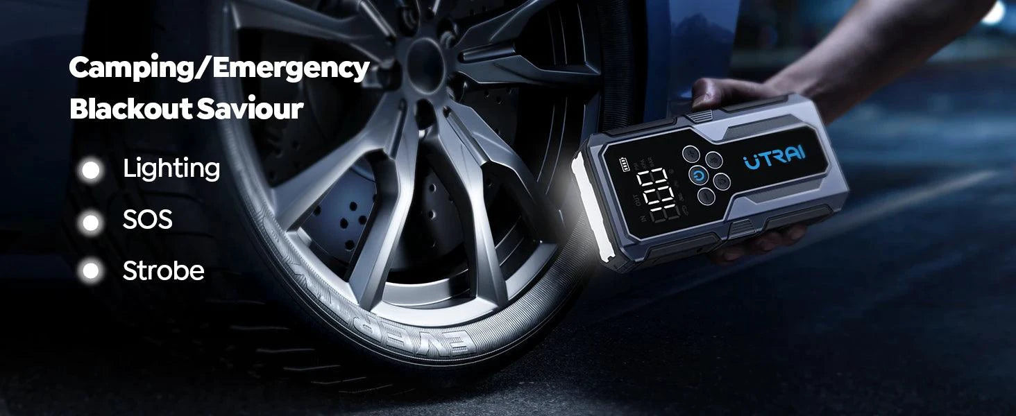 MANDOTOS UTRAI 1500A portable car jump starter with 150 PSI air pump for emergency power and vehicle assistance.