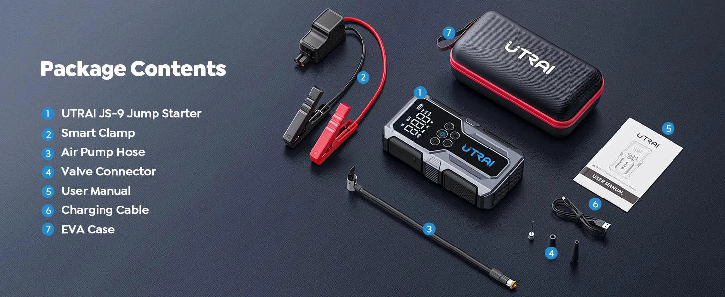 Mandotos UTRAI 1500A portable car jump starter with 150 PSI air pump, emergency power boost for vehicles and travel needs.