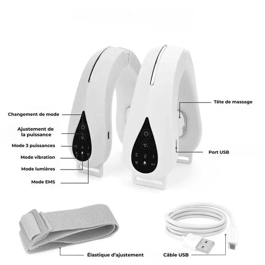 Mandotos V-Lift Face Massager showing a handheld device for sculpting the jawline and reducing double chin.