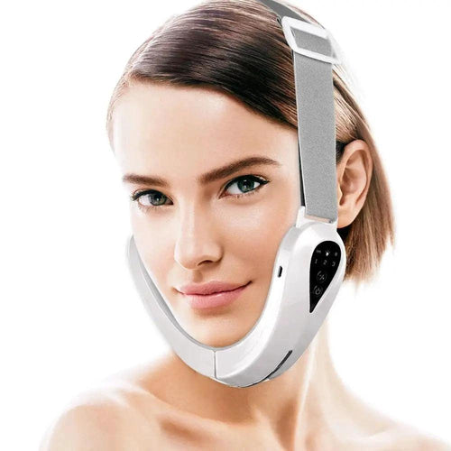 MANDOTOS V-Lift Face Massager for sculpted jawline and double chin reduction, showing the handheld device in use.