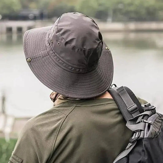 Mandotos Ventilated Explorer's Fedora in neutral color, featuring a wide brim and breathable design for outdoor sun protection.