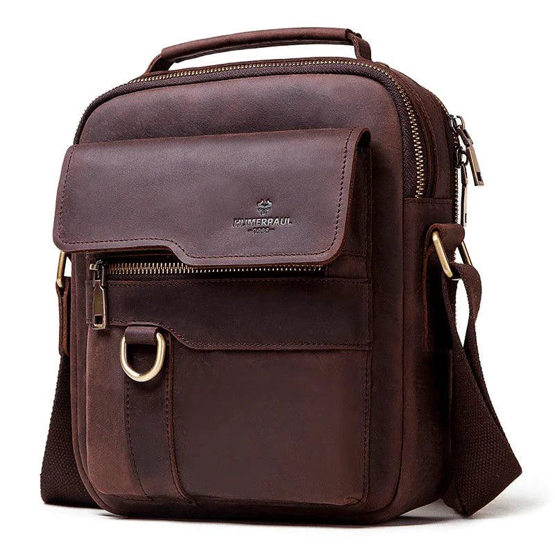 Mandotos vintage leather messenger bag with adjustable strap, front flap and classic design, ideal for everyday use.