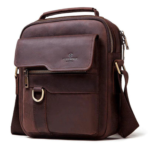 Mandotos vintage leather messenger bag with adjustable strap, front flap and classic design, ideal for everyday use.