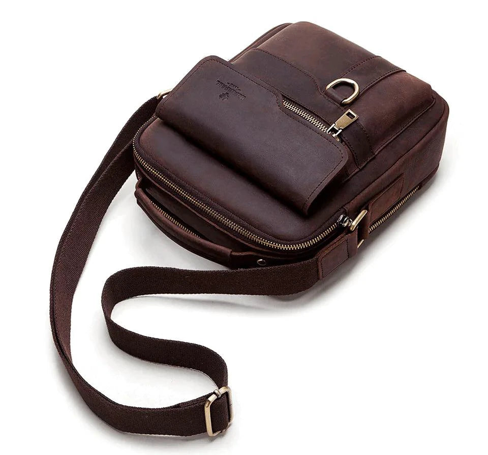 Mandotos vintage leather messenger bag with adjustable strap, front pocket, and classic brown finish.