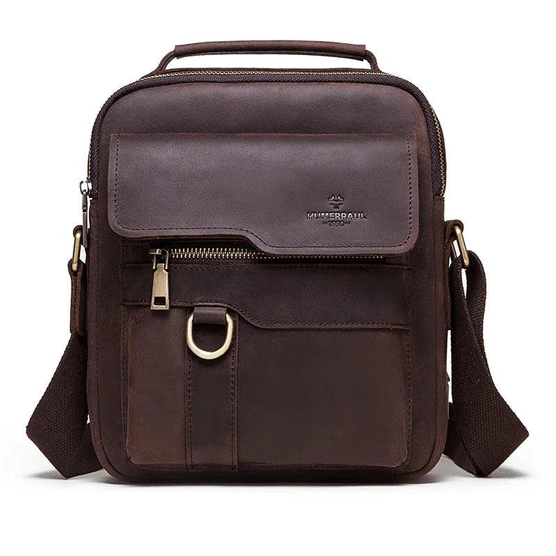 Vintage leather messenger bag by MANDOTOS with adjustable strap, front flap, and classic design for everyday use.