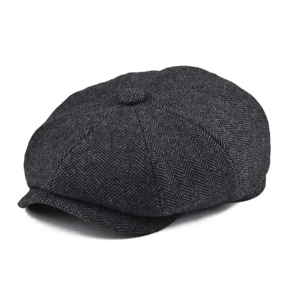Vintage Peaky Blinder woolen cap by MANDOTOS, shown in dark tweed fabric with a curved brim and classic styling.