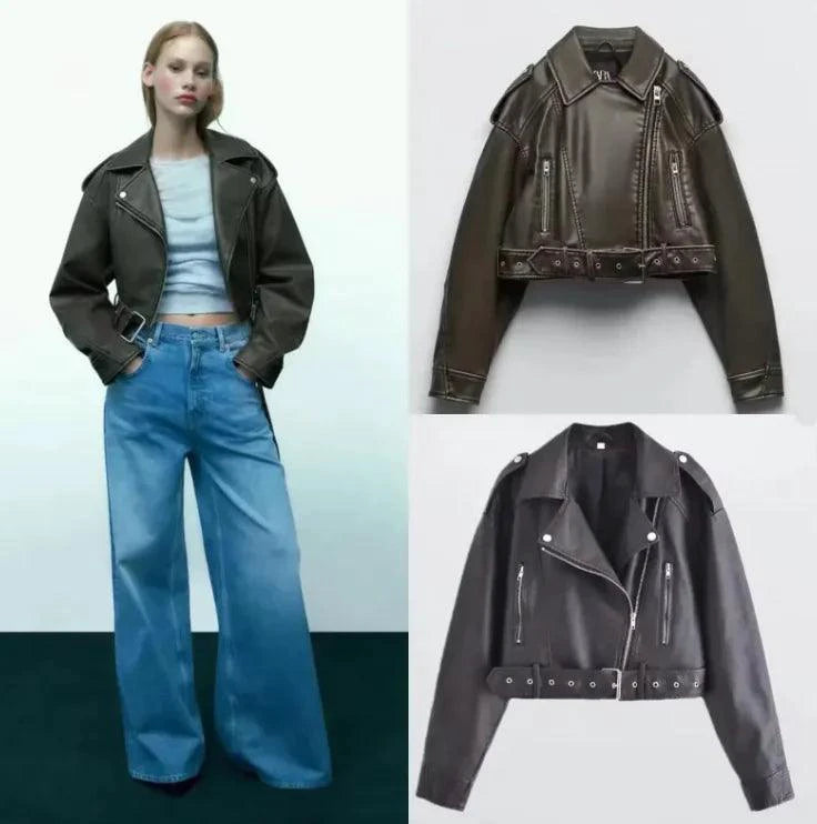 Mandotos washed faux leather jacket with a sleek design, featuring a classic collar and front zipper for a stylish look.
