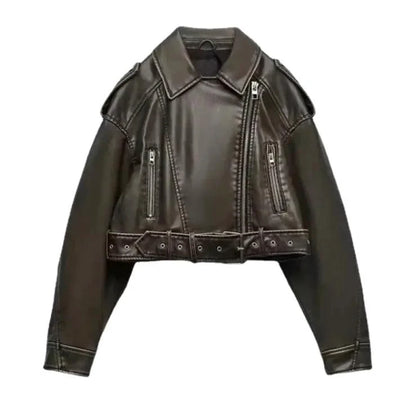 Mandotos washed faux leather jacket featuring a classic design with a smooth, matte finish and stylish collar detail.