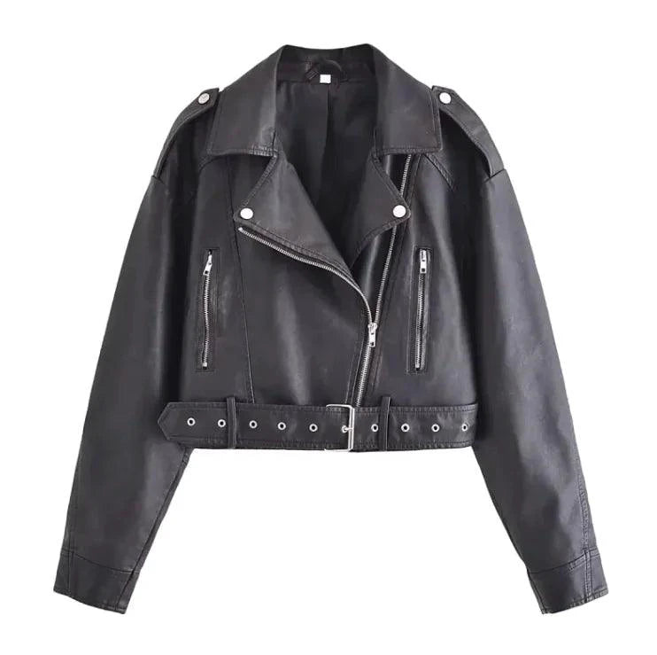 Mandotos washed faux leather jacket with a classic design, featuring a smooth, distressed leather look and stylish collar details.