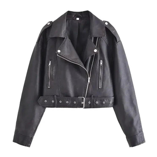 Mandotos washed faux leather jacket with a classic design, featuring a smooth, distressed leather look and stylish collar details.