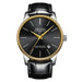 Mandotos men's automatic mechanical watch showing a sleek dial and stainless steel band on a display stand.