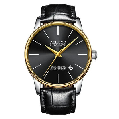 Mandotos men's automatic mechanical watch showing a sleek dial and stainless steel band on a display stand.
