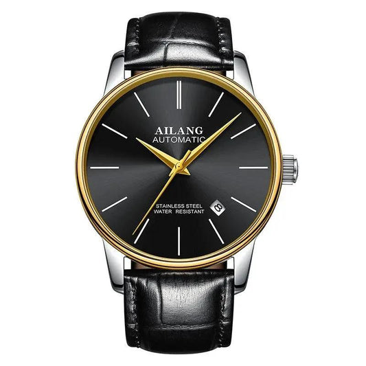 Mandotos men's automatic mechanical watch showing a sleek dial and stainless steel band on a display stand.