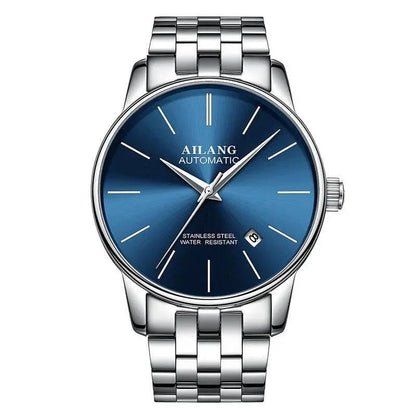 Mandotos men's automatic mechanical watch with black dial and stainless steel band, showcasing intricate watch movement.
