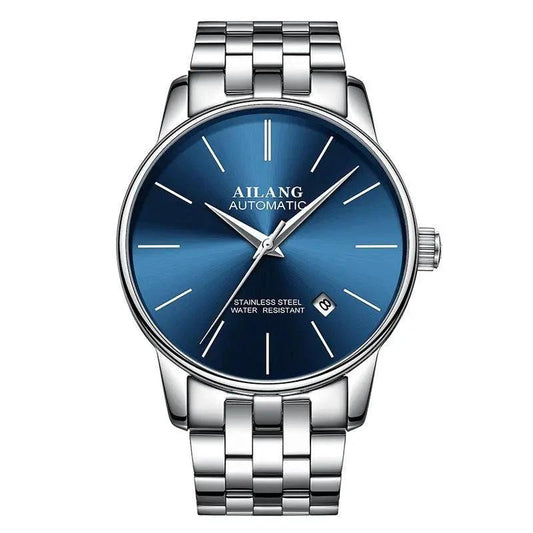 Mandotos men's automatic mechanical watch with black dial and stainless steel band, showcasing intricate watch movement.