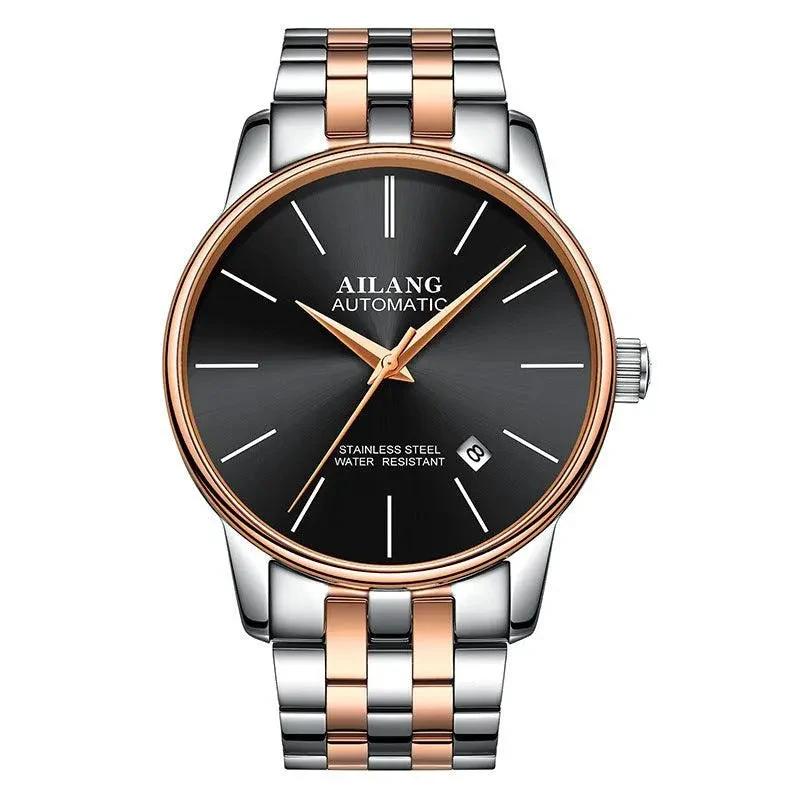 Mandotos men's automatic mechanical watch with a round dial and stainless steel band, showcasing intricate watch mechanics.