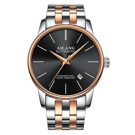 Mandotos men's automatic mechanical watch with a round dial and stainless steel band, showcasing intricate watch mechanics.