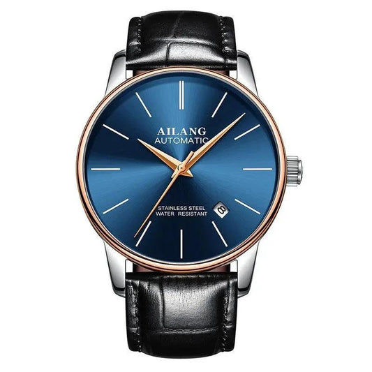 Mandotos men's automatic mechanical watch with a black dial and stainless steel band, showcasing elegant timepiece craftsmanship.