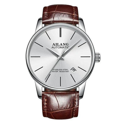 Mandotos men's automatic mechanical watch with a sleek dial and stainless steel band, showcasing precise craftsmanship.