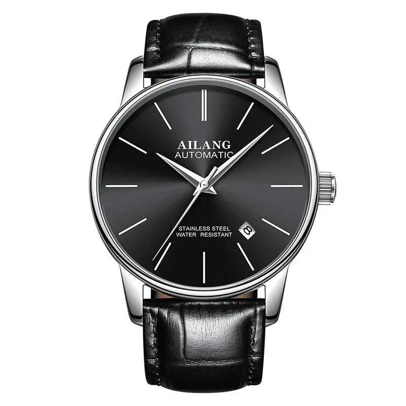 Mandotos men's automatic mechanical watch with black dial and stainless steel band, showcasing intricate watch movement.